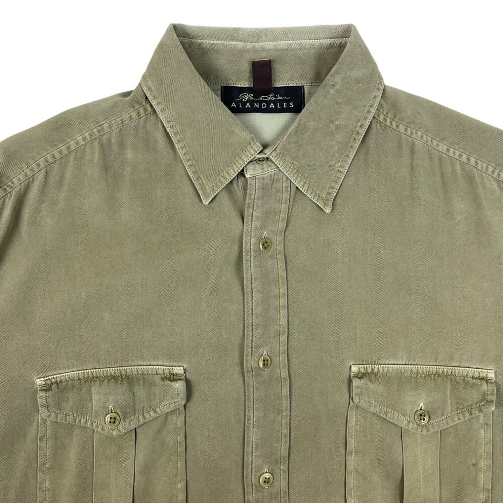 Alandales Men's Green Long Sleeve Button Up Silk - Cotton Pocket Shirt Sz M